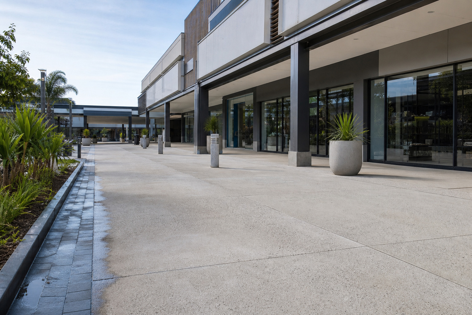 Covered walkway and paved forecourt outside a modern retail shopping centre