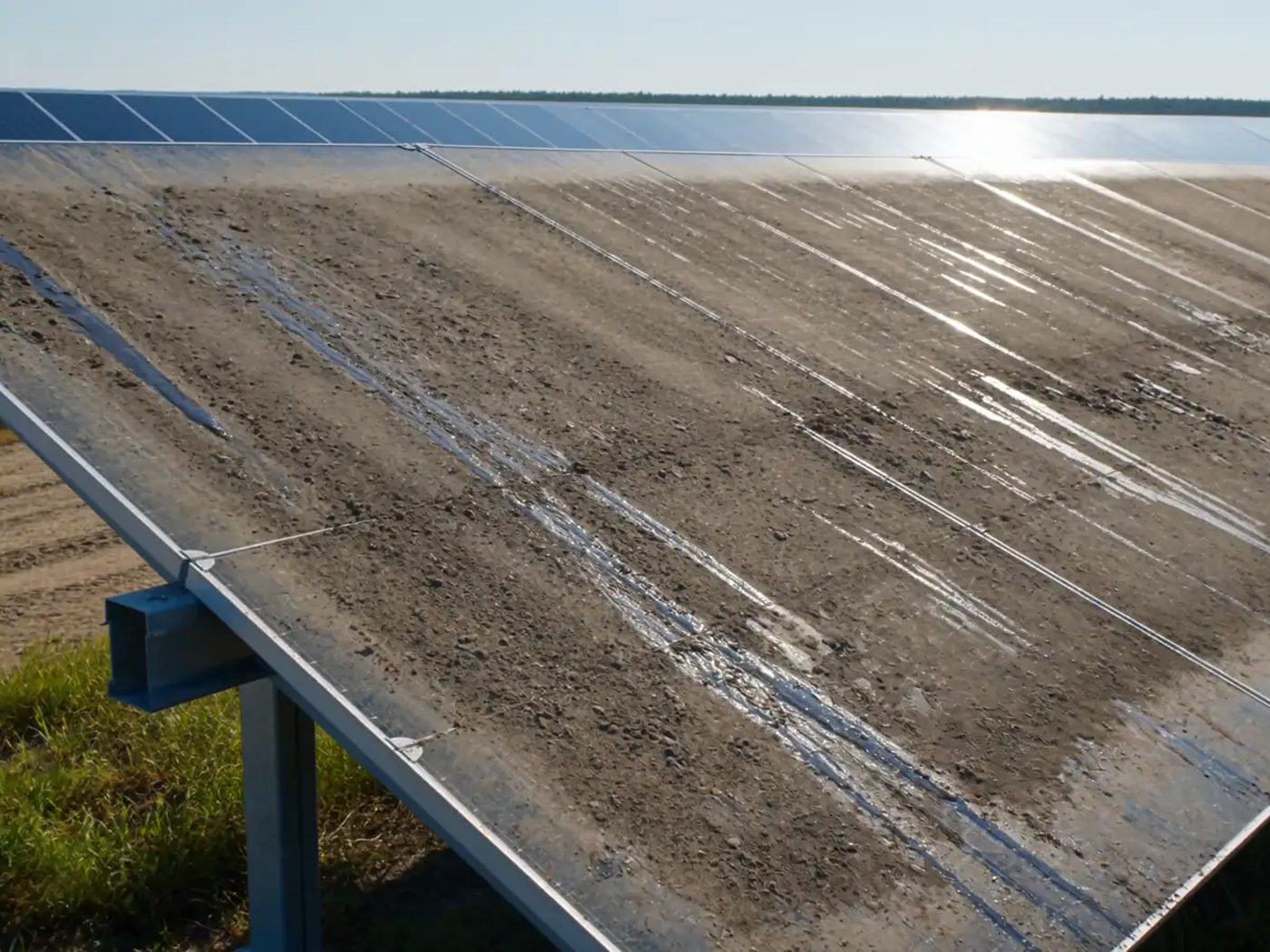 Solar array heavily coated in dried dust and soil before cleaning
