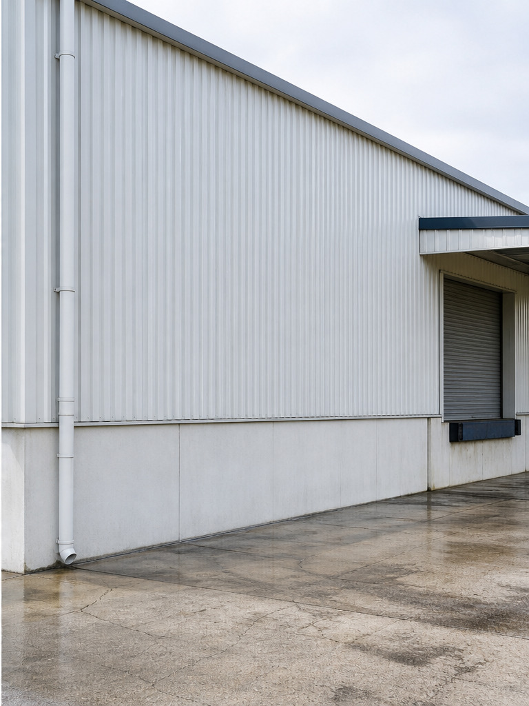 The same warehouse exterior wall after cleaning, with the cladding returned to a clean, even finish