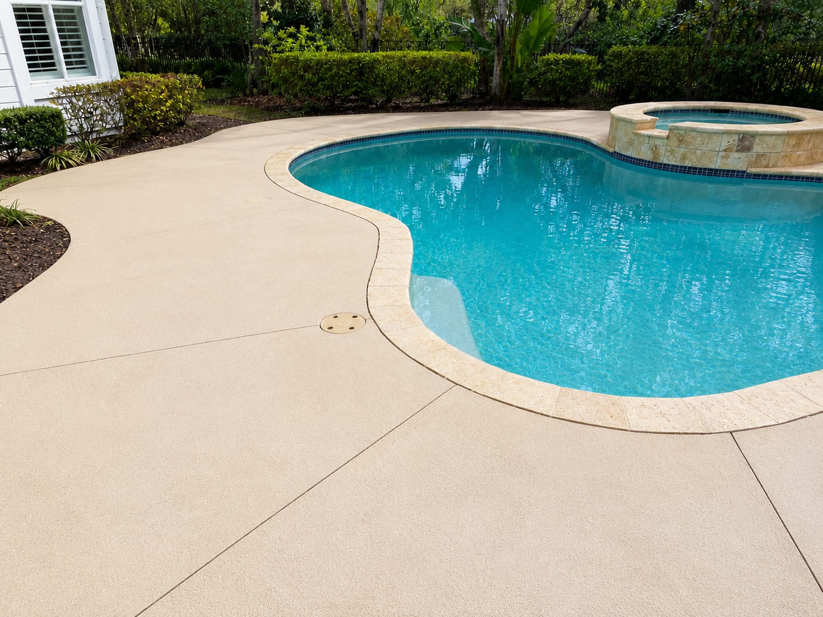 Cleaned concrete pool surround with the original surface colour restored