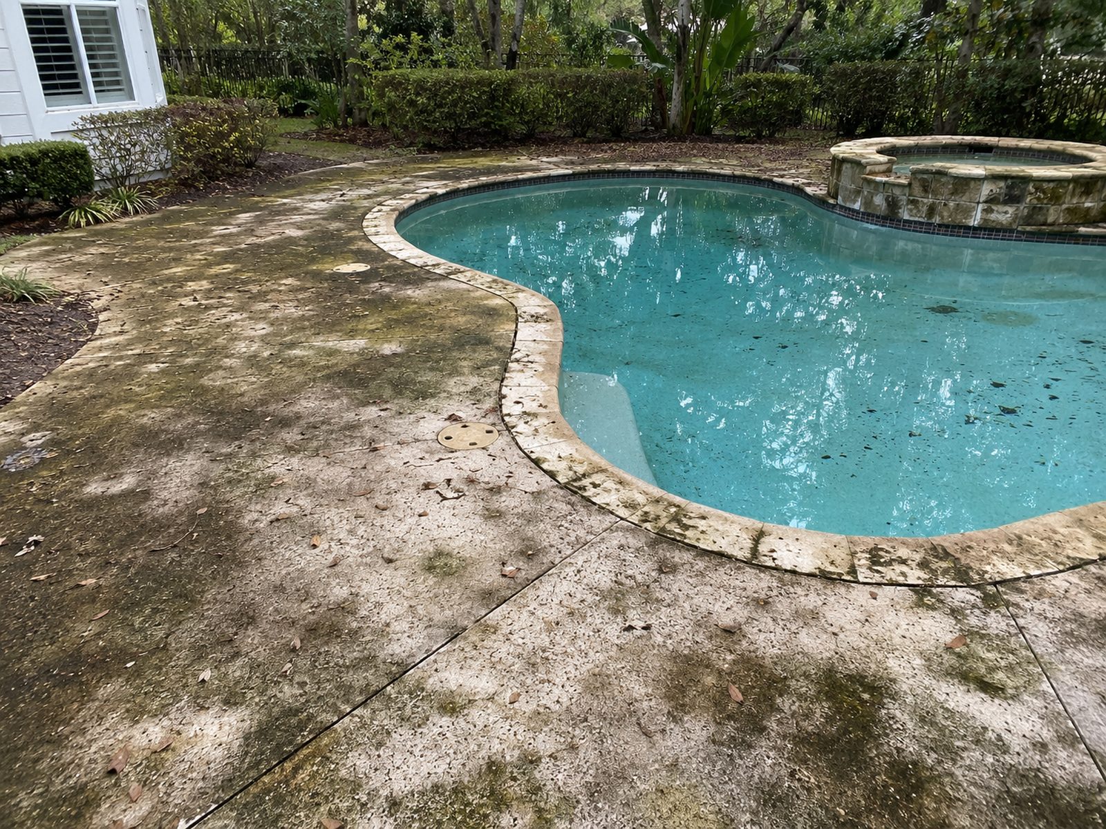 Concrete pool surround and patio darkened by algae and ingrained dirt before cleaning
