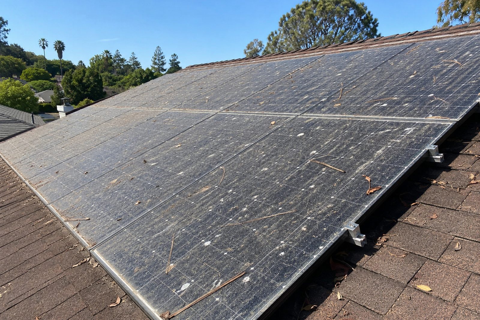 Rooftop solar array covered in dust, leaf litter and bird droppings before cleaning